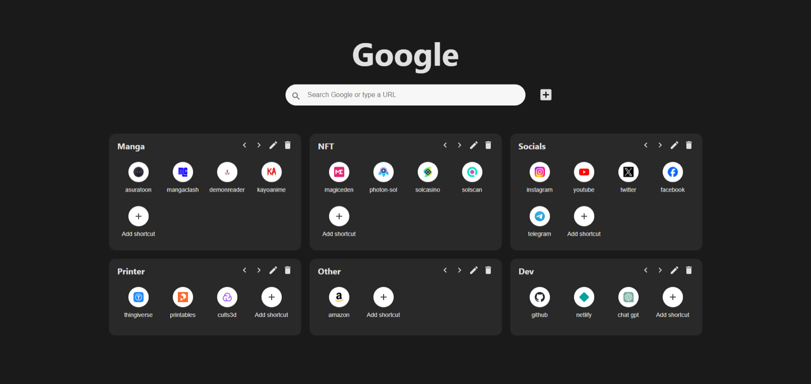 NexiTab new tab dashboard with custom shortcut blocks