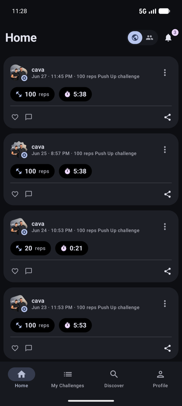 Rep home feed showing logged sessions