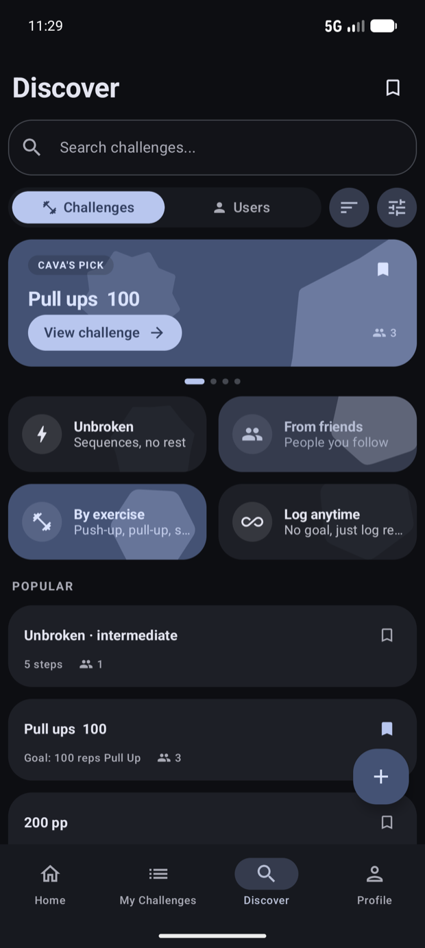 Rep discover screen with challenge categories