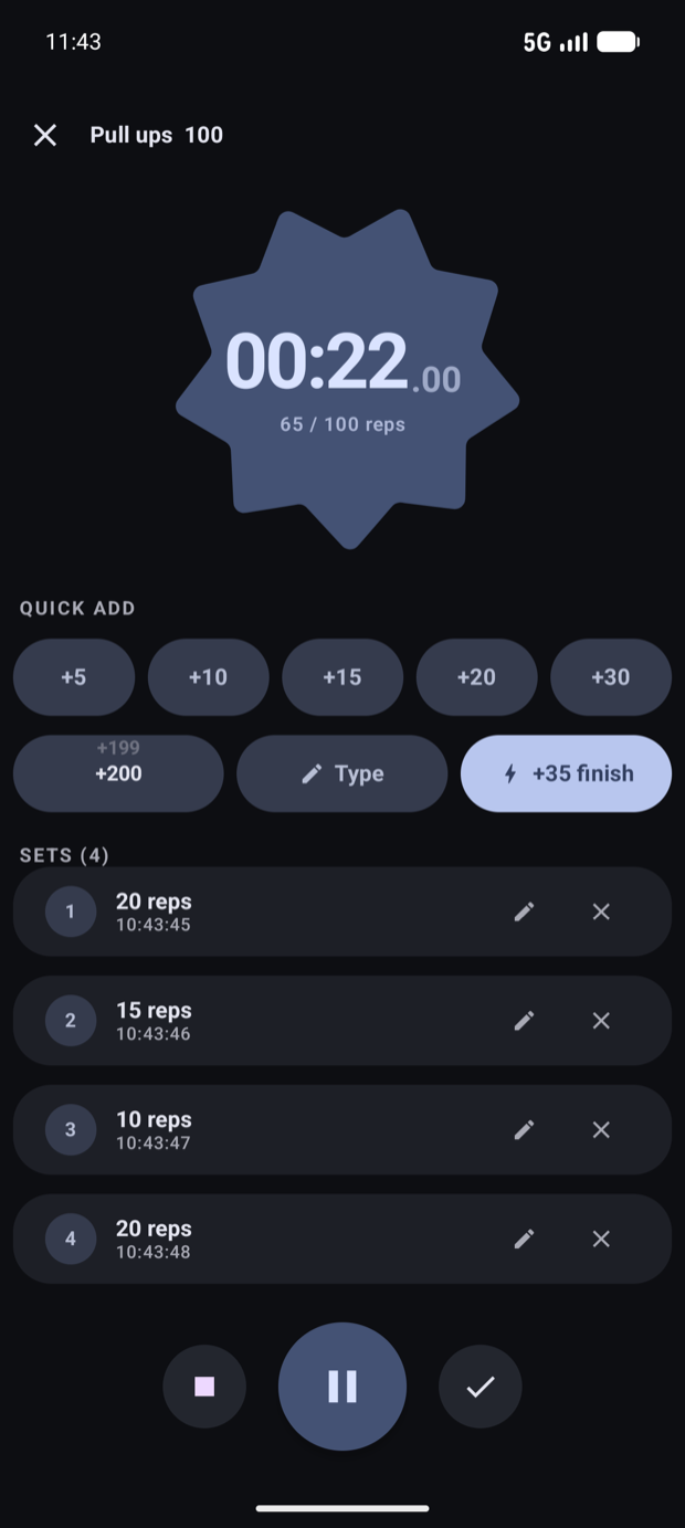 Rep live tracking screen with timer and sets
